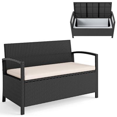 PE-rotan Tuinbank voor Twee Personen met 160 Liter Opbergruimte onder de Zitting Balkonbank met Kussens