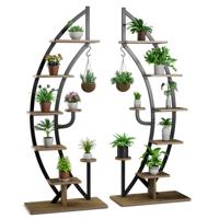 Twee 7-Lagen Hoge Metalen Plantenrek Gebogen Halve Maan Vorm Ladder Plantenrek Moderne Bloempot Houder Binnen Metalen Bloemenrek