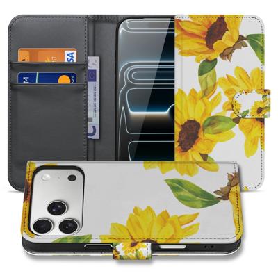 Apple iPhone 17 Pro Max Hoesje Zonnebloemen Wallet PU Leer 3 Pasjes Apple iPhone 17 Pro Max Hoesje Zonnebloemen Wallet PU Leer 3 Pasjes