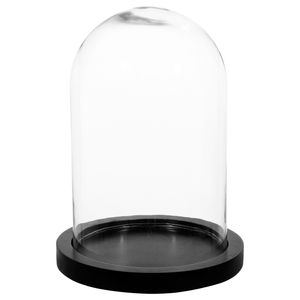 Home decoratie glazen stolp op houten plateau - glas/zwart - D18 x H26 cm