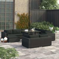 10-delige Loungeset met kussens poly rattan zwart