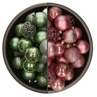 74x stuks kunststof kerstballen mix van salie groen en oudroze 6 cm - Kerstbal - thumbnail