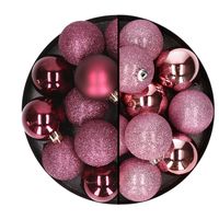 24x stuks kunststof kerstballen mix van aubergine en roze 6 cm - thumbnail