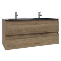 Saniclass Chaci Badkamermeubelset - 120x46x55cm - keramische wastafel zwart - 2 wasbakken - 2 kraangaten - 2 lades - eiken SW1212781/SW761657