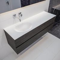 Mondiaz Vica Moon badmeubel eiken donker bruin 150 cm 2 lades solid surface enkele spoelbak links zonder kraangat - thumbnail