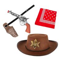 Carnaval Verkleed set - Cowboy hoed bruin/zakdoek rood/holster met revolver - voor kinderen - thumbnail