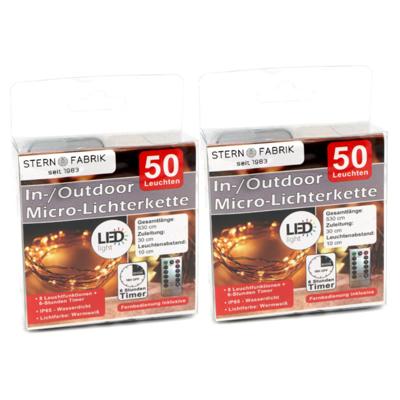 2x draadverlichting - zilver- 50 leds- warm wit - batterij - 500 cm - afstandsbediening