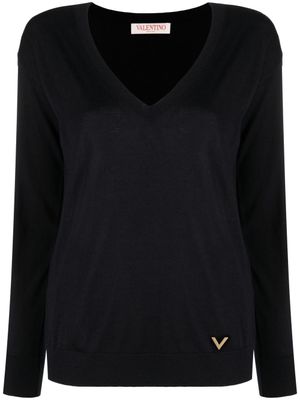 Valentino Garavani pull en soie mélangée à col v - Bleu