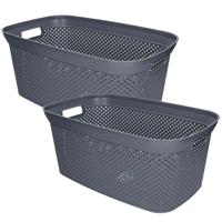 Wasmand - 2x - grijs - kunststof - 34 x 54 x 23 cm - 35 liter - met handvatten - manden voor wasgoed