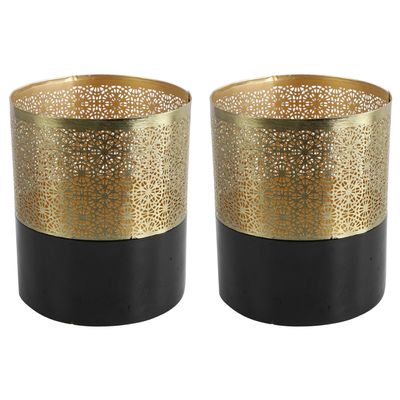 2x stuks luxe theelichthouder/kaarsenhouder - goud/zwart - metaal - D10 x H12.5 cm