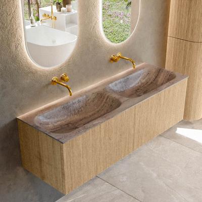Badmeubel Mondiaz Kurve-Dlux | 140 cm | Meubelkleur Oak | Wastafelkleur Oza | Solid surface | Wasbak beide zijden spoelbak | Zonder kraangat(en)