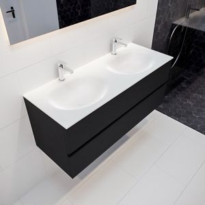 Mondiaz Vica Moon badmeubel zwart mat 120 cm 2 lades solid surface dubbele spoelbak 2 kraangaten