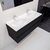 Mondiaz Vica Moon badmeubel zwart mat 120 cm 2 lades solid surface dubbele spoelbak 2 kraangaten