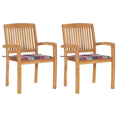 Tuinstoelen 2 st met rood geruite kussens massief teakhout