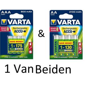 Varta AA & AAA oplaadbare batterijen Combi aanbieding 800 mAh & 2100 mAh