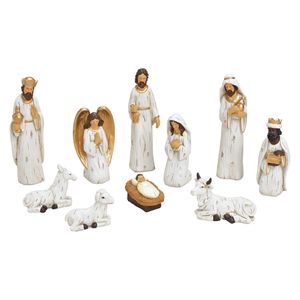 Set van 10x stuks kerststal beelden/kerstbeelden wit met goud 5-21 cm