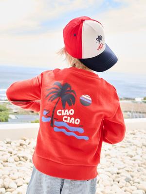 Sweater voor jongens met vakantiemotief op de rug rood