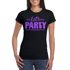 Verkleed T-shirt voor dames - lets party - zwart - glitter paars - carnaval/themafeest