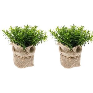 2x Kunstplant tijm kruiden groen in jute pot 16 cm