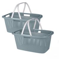 Wasmand met hengsel - 2x stuks - 38 liter - 60 cm - groen/wit - Draagwasmanden - Wasgoedmand