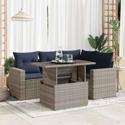 5-delige Loungeset met kussens poly rattan acacia grijs 5-delige Loungeset met kussens poly rattan acacia grijs