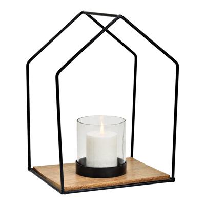 Windlicht huis van metaal/glas zwart (B/H/D) 26x34x20cm
