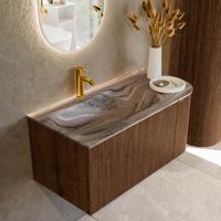 Badmeubel Mondiaz Kurve-Dlux | 95 cm | Meubelkleur Walnut | Wastafelkleur Sombra | Solid surface | Wasbak linker zijde spoelbak | 1 kraangat