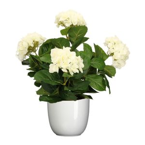 Hortensia kunstplant/kunstbloemen 45 cm - wit - in pot wit glans