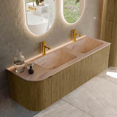 Badmeubel Mondiaz Kurve-Dlux | 145 cm | Meubelkleur Dusk | Wastafelkleur Saba | Solid surface | Dubbel / Rechts spoelbak | 2 kraangaten