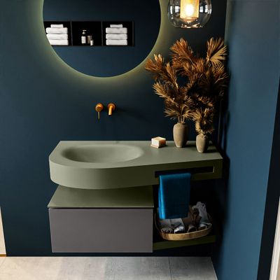 MONDIAZ RIVA 100cm badmeubel onderkast / planchet kleur Dark_Grey met 1 lade. Wastafel DULCET links 0 kraangaten kleur Army. MONDIAZ RIVA 100cm badmeubel onderkast / planchet kleur Dark_Grey met 1 lade. Wastafel DULCET links 0 kraangaten kleur Army.