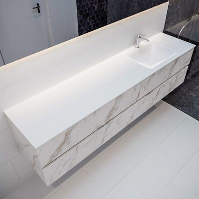 Mondiaz Vica Cloud badmeubel wit carrara mat 200 cm 4 lades solid surface enkele spoelbak rechts 1 kraangat