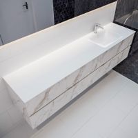 Mondiaz Vica Cloud badmeubel wit carrara mat 200 cm 4 lades solid surface enkele spoelbak rechts 1 kraangat Mondiaz Vica Cloud badmeubel wit carrara mat 200 cm 4 lades solid surface enkele spoelbak rechts 1 kraangat