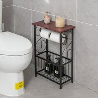 Smalle Bijzettafel Badkamer Tafel met Toiletrolhouder met Opbergmand en Stalen Frame voor Woonkamer Slaapkamer Toilet Bruin - thumbnail