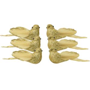 Decoris vogels op clip - 6x st - goud - 4 x 11 x 4,5 cm - foam - kerstboomversiering