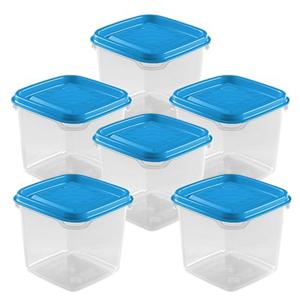 Vershoudbakjes Hega - set van 6x stuks - 0.3 liter - transparant/blauw - L8 x B8 x H11 cm