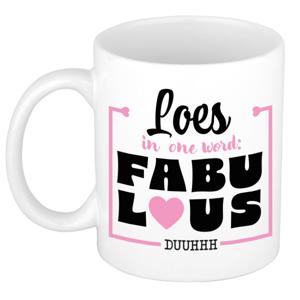 Naam mok Loes - wit - Fabulous - keramiek - 300 ml - cadeau collega beker