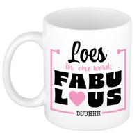 Naam mok Loes - wit - Fabulous - keramiek - 300 ml - cadeau collega beker