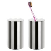 Badkamer drinkbeker/tandenborstelhouder Sienna - 2x - porselein - glans zilver - 7 x 11 cm