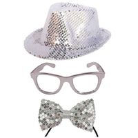 Carnaval verkleed set hoed-strikje-bril zilver glitters - thumbnail