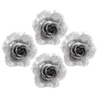 Kerstboom bloemen op clip - 4x - zilver - 14 cm - kunststof - roos - kerstbloemen - thumbnail