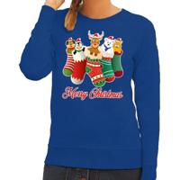 Foute Kersttrui - sweater - kerstsokken met diertjes - Merry Christmas - blauw - voor dames