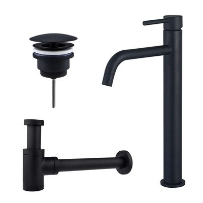 Fortifura Calvi Slim Wastafelkraanset - verhoogde wastafelkraan - always open plug - verlaagde design sifon - Mat zwart SW377836/SW696205/SW696215