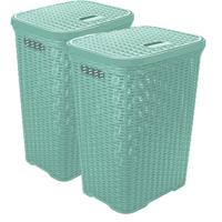 Wasmand met deksel Rotan - 2x - mintgroen - gevlochten kunststof - 60 liter - 34 x 43 x 62 cm