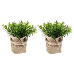 Kunstplant - Voordeelset van 3x stuks - Tijm Kruiden - Groen - In Jute Pot - 16 cm