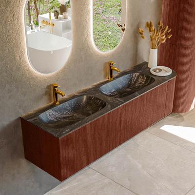 Badmeubel Mondiaz Kurve-Dlux | 165 cm cm | Meubelkleur Ruby | Wastafelkleur Lava | Solid surface | Dubbel / Links spoelbak | 2 kraangaten