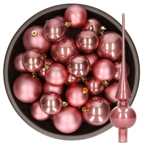 Kerstversiering kunststof kerstballen met piek oud roze 6-8-10 cm pakket van 45x stuks