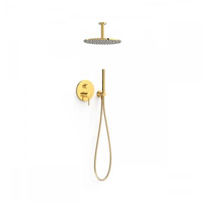 Regendoucheset Inbouw Tres Study Exclusive Rond 30 cm Met Plafondarm en Handdoucheset met Staafhanddouche Rapid Box Mat Goud Tres