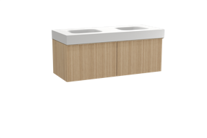 Balmani Forma zwevend badmeubel 135 x 55 cm naturel eiken met Arcato dubbele wastafel in solid surface mat wit, Verticale asymmetrische ronde ribbel