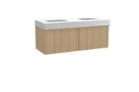 Balmani Forma zwevend badmeubel 135 x 55 cm naturel eiken met Arcato dubbele wastafel in solid surface mat wit, Verticale asymmetrische ronde ribbel