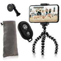 Flexibel mini-statief met extra flexibele poten KIT: incl. telefoonhouder, bluetooth remote, GoPro-adapter & opbergzakje